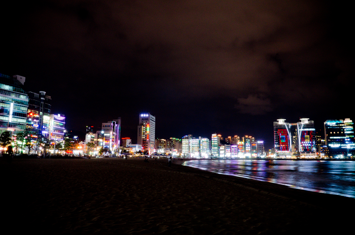 Gwangalli Beach and illuminated waterfront buildings in Busan